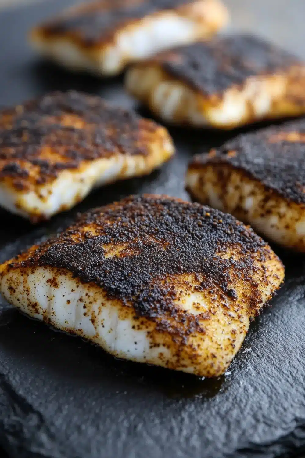 Blackened tilapia in air fryer - the image shows six pieces of cooked fish fillets on a black slate plate. the fillets are golden brown and appear to be seasoned with herbs and spices. they are arranged in a single layer on the plate, with some overlapping each other. the plate is placed on a wooden table, and the background is blurred, making the fillets the focal point of the image.
