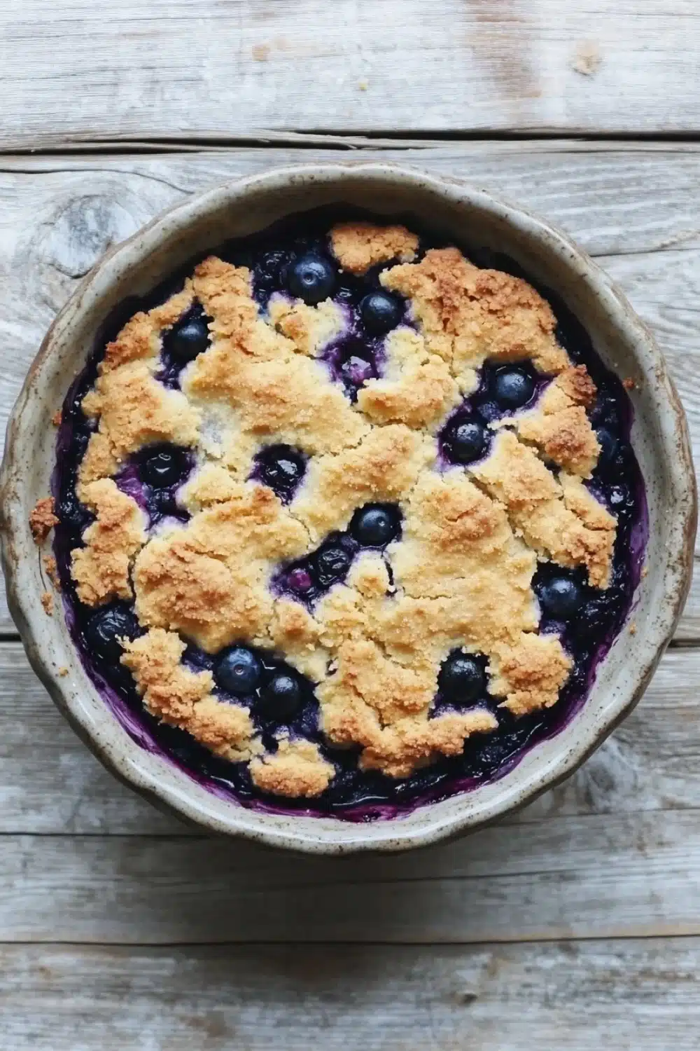 Blueberry muffin mix cobbler - the image is of a freshly baked blueberry pie in a round ceramic pie dish. the pie has a golden brown crumbly topping on top, with small blueberries scattered throughout. the blueberries are a deep purple color and appear to be ripe and juicy. the dish is sitting on a wooden surface, and the background is blurred, making the pie the focal point of the image.