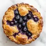 Blueberry muffin mix cobbler - the image is a close-up of a freshly baked blueberry pie on a white marble surface. the pie has a golden brown crust on top and is filled with fresh blueberries. the blueberries are arranged in a circular pattern around the edges of the pie, with some of them overlapping each other. the crust appears to be soft and fluffy, and the blueberries look ripe and juicy. the background is blurred, making the pie the focal point of the image.