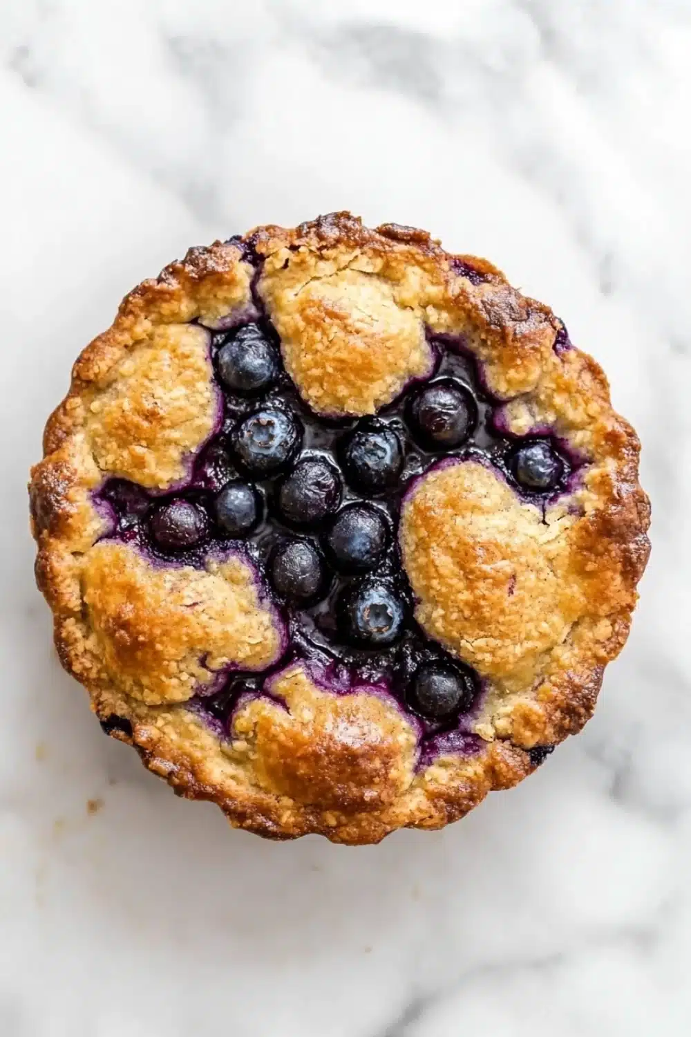 Blueberry muffin mix cobbler - the image is a close-up of a freshly baked blueberry pie on a white marble surface. the pie has a golden brown crust on top and is filled with fresh blueberries. the blueberries are arranged in a circular pattern around the edges of the pie, with some of them overlapping each other. the crust appears to be soft and fluffy, and the blueberries look ripe and juicy. the background is blurred, making the pie the focal point of the image.