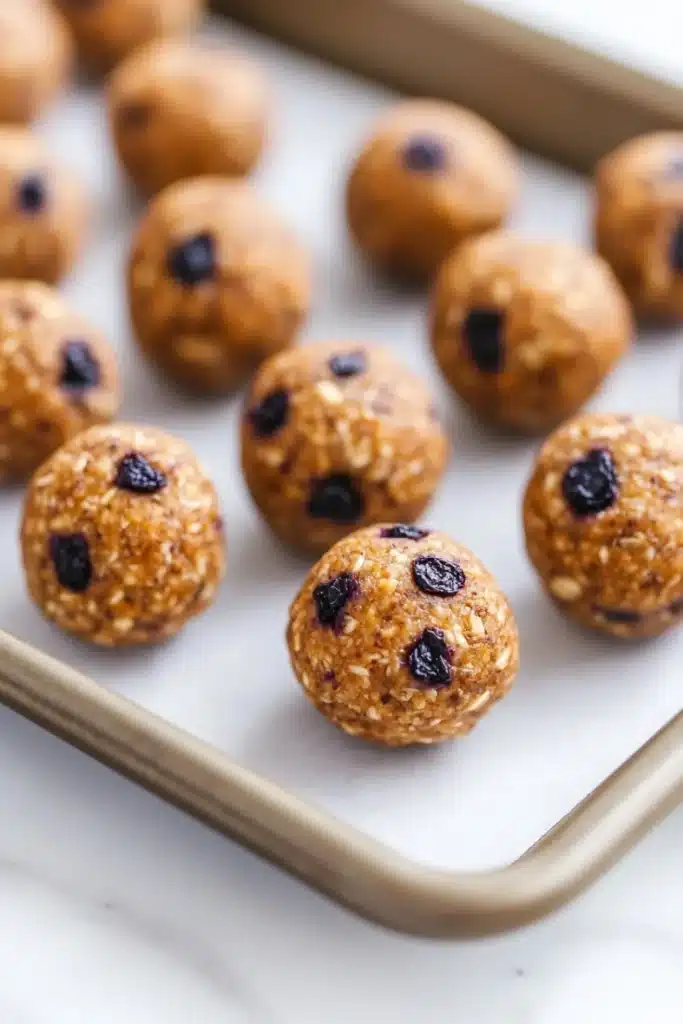 Blueberry muffin protein balls - the image shows a baking tray lined with parchment paper. on the tray, there are round, golden-brown balls that appear to be energy bites. they are covered in sesame seeds and raisins, giving them a crunchy texture. the tray is placed on a white marble countertop. a pair of chopsticks is resting on the tray next to the tray.