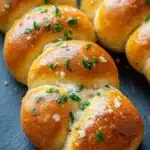 Bread knots - the image shows a group of freshly baked buns on a black slate plate. the buns are golden brown in color and have a soft, fluffy texture. they are topped with a generous amount of melted cheese and sprinkled with fresh parsley. the plate is garnished with a sprig of parsley, adding a pop of green color to the dish. the background is blurred, making the buns the focal point of the image.