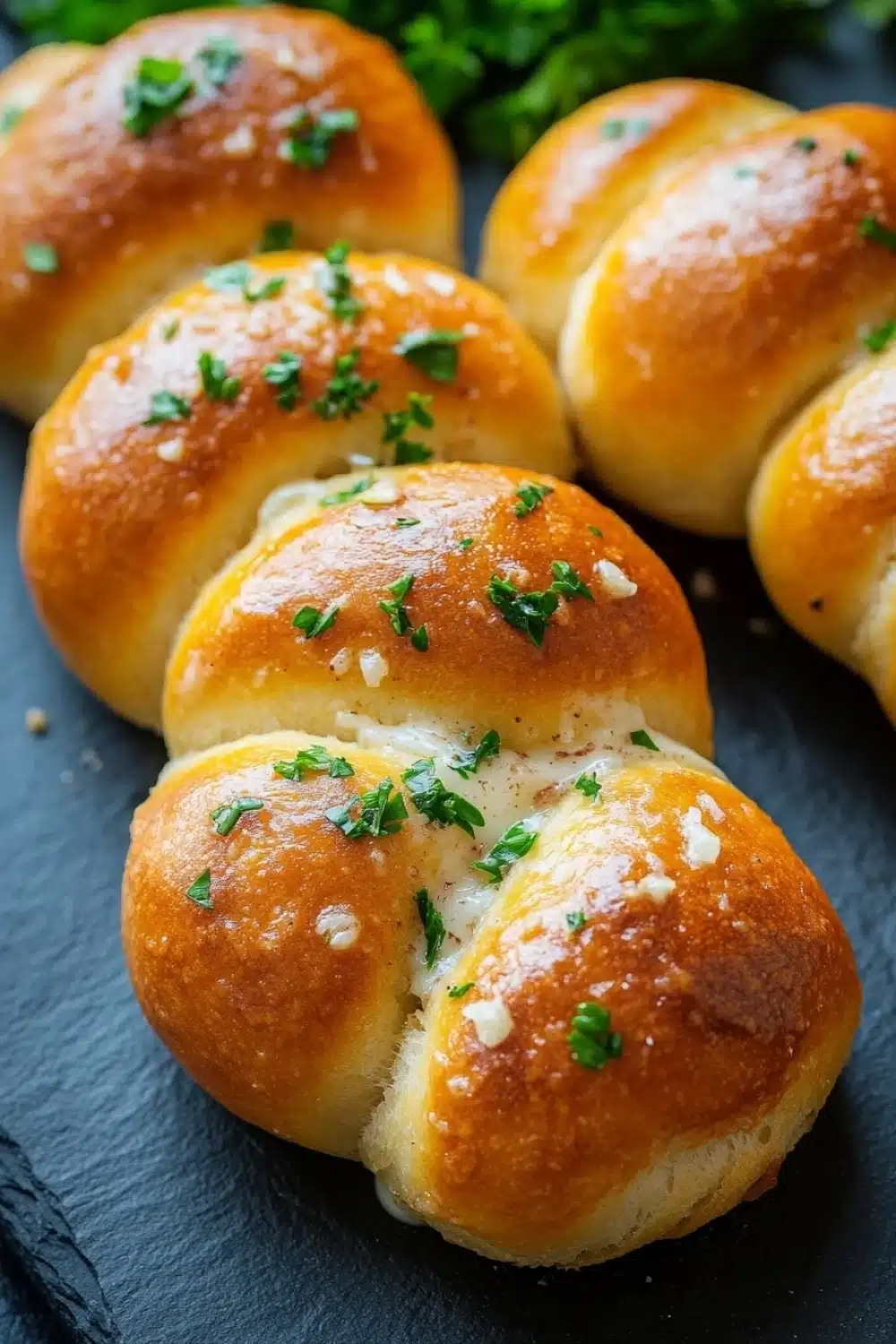 Bread knots - the image shows a group of freshly baked buns on a black slate plate. the buns are golden brown in color and have a soft, fluffy texture. they are topped with a generous amount of melted cheese and sprinkled with fresh parsley. the plate is garnished with a sprig of parsley, adding a pop of green color to the dish. the background is blurred, making the buns the focal point of the image.