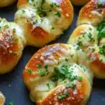 Bread knots - the image shows a group of freshly baked bread rolls on a black surface. the bread rolls are golden brown in color and have a soft, fluffy texture. they are arranged in a circular pattern, with some overlapping each other. the top of the bread rolls is covered in melted cheese and garnished with chopped parsley. the cheese appears to be melted and bubbly, and the parsley adds a pop of green color to the dish. the background is blurred, making the bread roll the focal point of the image.