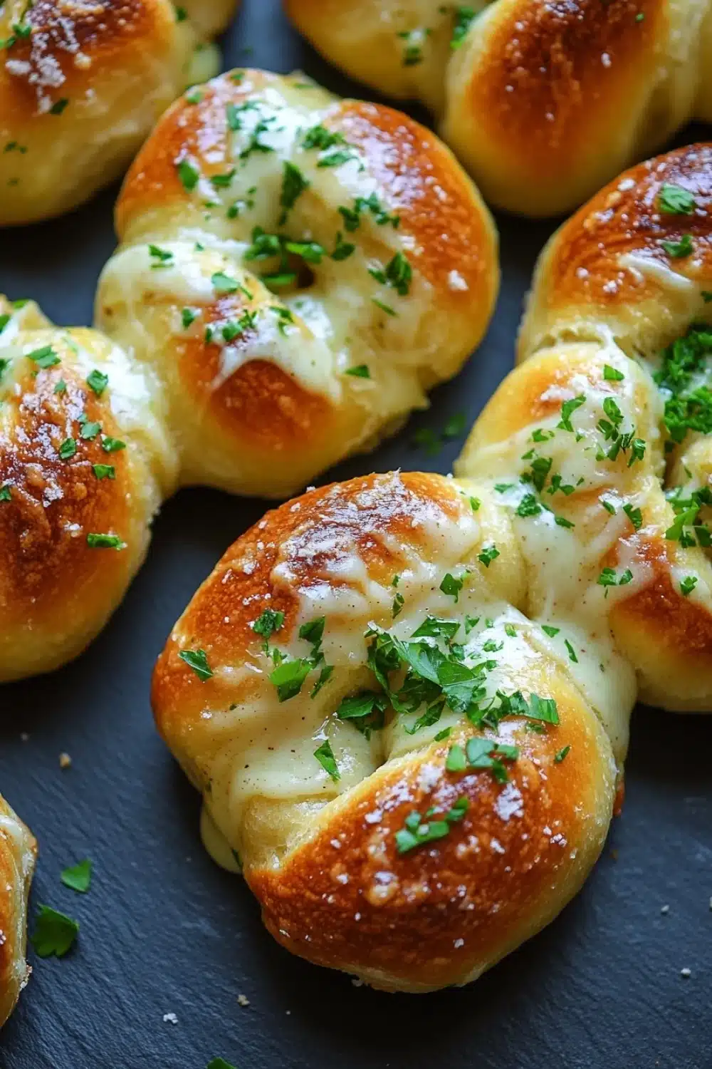 Bread knots - the image shows a group of freshly baked bread rolls on a black surface. the bread rolls are golden brown in color and have a soft, fluffy texture. they are arranged in a circular pattern, with some overlapping each other. the top of the bread rolls is covered in melted cheese and garnished with chopped parsley. the cheese appears to be melted and bubbly, and the parsley adds a pop of green color to the dish. the background is blurred, making the bread roll the focal point of the image.