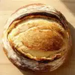 Bread with self rising flour - the image is a close-up of a freshly baked loaf of bread on a wooden surface. the bread appears to be freshly baked, with a golden brown crust and a soft, fluffy interior. the edges of the bread are slightly curled, giving it a textured appearance. the loaf is resting on a light-colored surface, casting a shadow on the right side of the image. the background is blurred, making the bread the focal point of the frame.