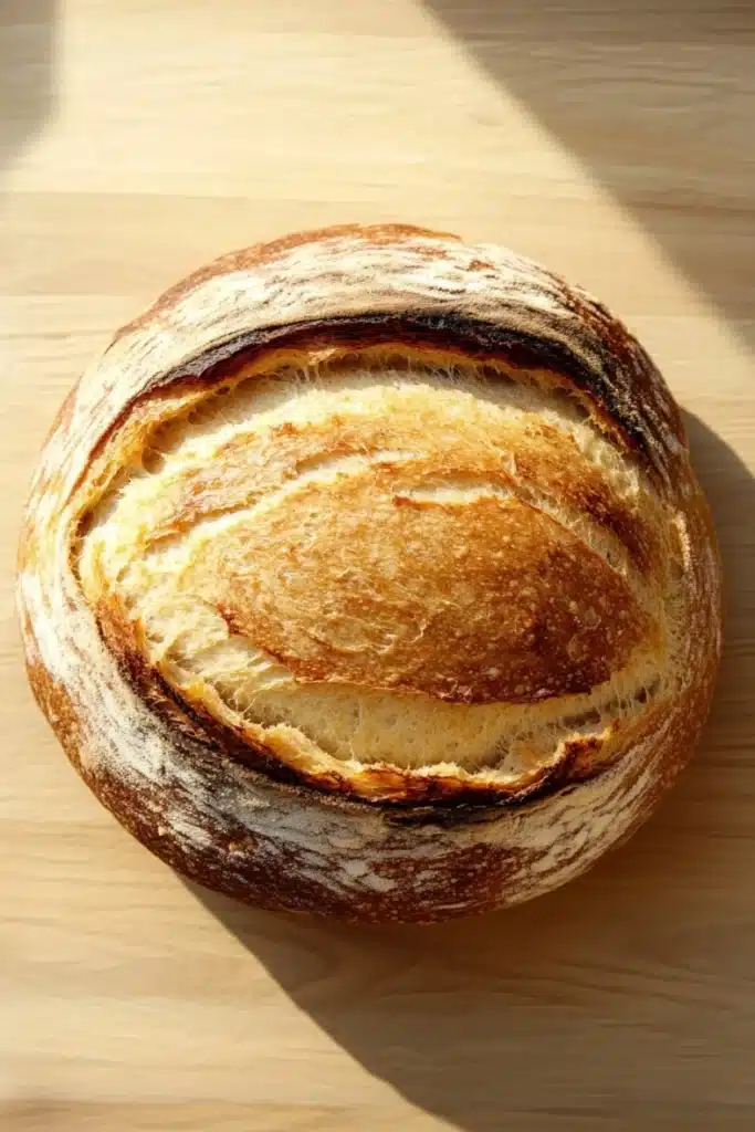 Bread with self rising flour - the image is a close-up of a freshly baked loaf of bread on a wooden surface. the bread appears to be freshly baked, with a golden brown crust and a soft, fluffy interior. the edges of the bread are slightly curled, giving it a textured appearance. the loaf is resting on a light-colored surface, casting a shadow on the right side of the image. the background is blurred, making the bread the focal point of the frame.