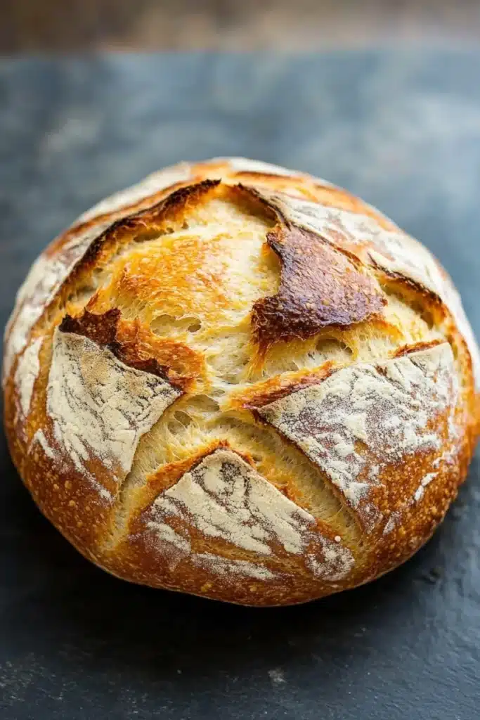 Bread with self rising flour - the image is a close-up of a freshly baked loaf of bread on a black slate surface. the bread appears to be freshly baked, with a golden-brown crust and a soft, fluffy interior. the edges of the bread are slightly frayed, indicating that it has been freshly baked. the loaf is slightly tilted to the side, with the top half of the loaf facing towards the right side of the image. the background is blurred, making the bread the focal point of the frame. the overall color palette is warm and earthy, with shades of brown, white, and gray.