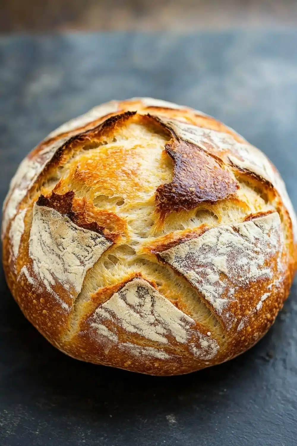 Bread with self rising flour - the image is a close-up of a freshly baked loaf of bread on a black slate surface. the bread appears to be freshly baked, with a golden-brown crust and a soft, fluffy interior. the edges of the bread are slightly frayed, indicating that it has been freshly baked. the loaf is slightly tilted to the side, with the top half of the loaf facing towards the right side of the image. the background is blurred, making the bread the focal point of the frame. the overall color palette is warm and earthy, with shades of brown, white, and gray.