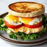 Breakfast sandwich chicken - the image shows a plate with a sandwich on it. the sandwich is made with two slices of toasted bread, topped with a fried egg. the egg is cooked sunny-side up and is oozing out of the sides. the bread is golden brown and appears to be crispy on the outside. the plate is garnished with a bed of lettuce and a slice of tomato. the background is a white marble countertop.