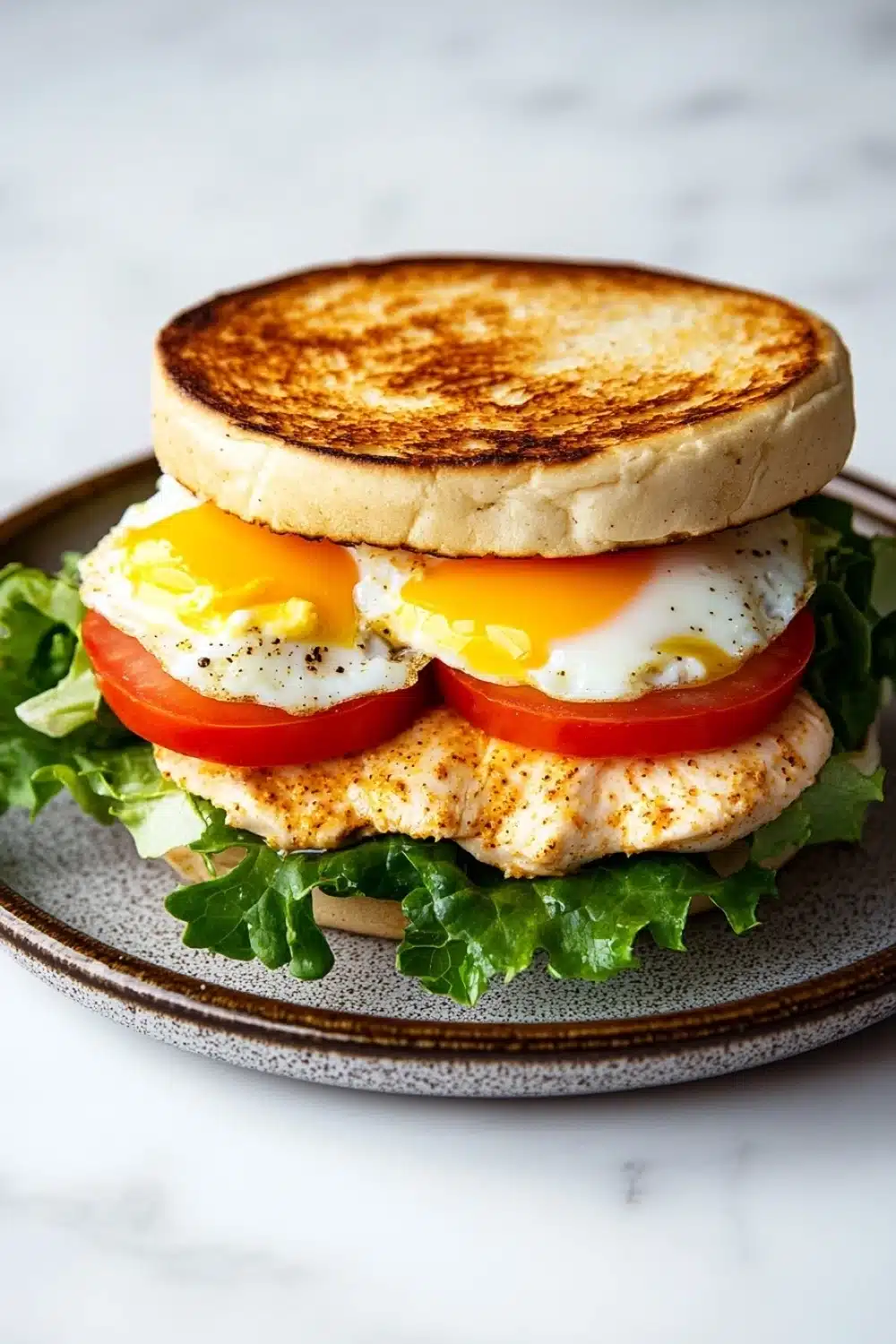 Breakfast sandwich chicken - the image shows a plate with a sandwich on it. the sandwich is made with two slices of toasted bread, topped with a fried egg. the egg is cooked sunny-side up and is oozing out of the sides. the bread is golden brown and appears to be crispy on the outside. the plate is garnished with a bed of lettuce and a slice of tomato. the background is a white marble countertop.
