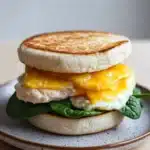 Breakfast sandwich chicken - the image shows a breakfast sandwich on a round plate. the sandwich is made with two english muffins, one on top of the other, and a fried egg on top. the egg is cooked sunny-side up and is oozing out of the sides. the muffins are golden brown and appear to be soft and fluffy. the plate is white with a speckled pattern and is sitting on a wooden table. there are a few green leaves scattered around the plate, adding a pop of color to the dish.