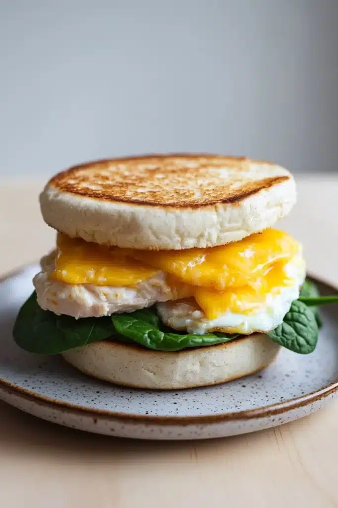 Breakfast sandwich chicken - the image shows a breakfast sandwich on a round plate. the sandwich is made with two english muffins, one on top of the other, and a fried egg on top. the egg is cooked sunny-side up and is oozing out of the sides. the muffins are golden brown and appear to be soft and fluffy. the plate is white with a speckled pattern and is sitting on a wooden table. there are a few green leaves scattered around the plate, adding a pop of color to the dish.