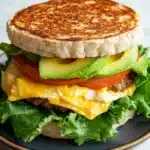 Breakfast sandwich loaded - the image is of a breakfast sandwich on a black plate. the sandwich is made with a toasted bread and is topped with a generous helping of scrambled eggs, sliced avocado, tomato, and lettuce. the eggs are yellow and runny, and the tomato is red. the lettuce is green and appears to be fresh. the plate is sitting on a white countertop.