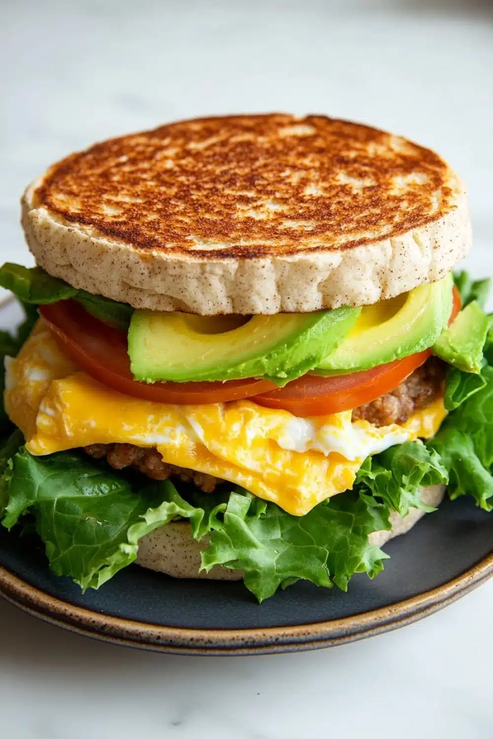 Breakfast sandwich loaded - the image is of a breakfast sandwich on a black plate. the sandwich is made with a toasted bread and is topped with a generous helping of scrambled eggs, sliced avocado, tomato, and lettuce. the eggs are yellow and runny, and the tomato is red. the lettuce is green and appears to be fresh. the plate is sitting on a white countertop.