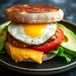 Breakfast sandwich loaded - the image is a close-up of a breakfast sandwich on a black plate. the sandwich is made with a toasted bagel and is topped with a fried egg. the egg is cooked sunny-side up and is oozing out of the center of the egg. it is surrounded by a layer of melted cheese, a slice of tomato, and a few slices of avocado. the plate is garnished with a sprig of lettuce. the background is blurred, but it appears to be a dark countertop.