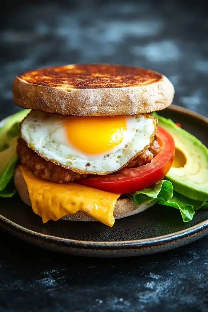 Breakfast sandwich loaded - the image is a close-up of a breakfast sandwich on a black plate. the sandwich is made with a toasted bagel and is topped with a fried egg. the egg is cooked sunny-side up and is oozing out of the center of the egg. it is surrounded by a layer of melted cheese, a slice of tomato, and a few slices of avocado. the plate is garnished with a sprig of lettuce. the background is blurred, but it appears to be a dark countertop.