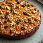 Carrot cake oatmeal bake - the image is of a round cake on a gray plate. the cake appears to be a carrot cake with a golden brown crust and is topped with chopped nuts and raisins. the nuts are scattered throughout the cake, giving it a crunchy texture. there are also some dried fruits and nuts scattered around the cake. in the background, there are two whole carrots, one orange and one yellow, on a wooden table. the overall color scheme of the image is warm and inviting.