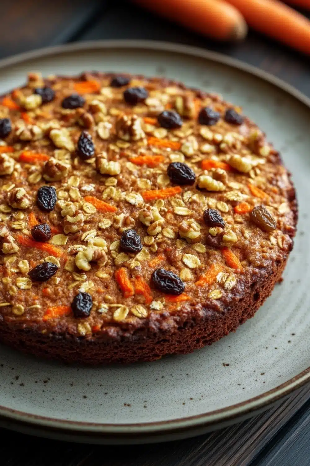 Carrot cake oatmeal bake - the image is of a round cake on a gray plate. the cake appears to be a carrot cake with a golden brown crust and is topped with chopped nuts and raisins. the nuts are scattered throughout the cake, giving it a crunchy texture. there are also some dried fruits and nuts scattered around the cake. in the background, there are two whole carrots, one orange and one yellow, on a wooden table. the overall color scheme of the image is warm and inviting.