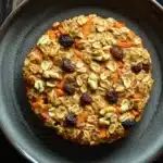 Carrot cake oatmeal bake - the image is a close-up of a round, golden-brown cookie on a dark grey plate. the cookie appears to be made with oats, nuts, and dried fruits, including carrots, raisins, and walnuts. the oats are scattered throughout the cookie, giving it a crunchy texture. the plate is sitting on a wooden table, and the background is blurred, making the cookie the focal point of the image.