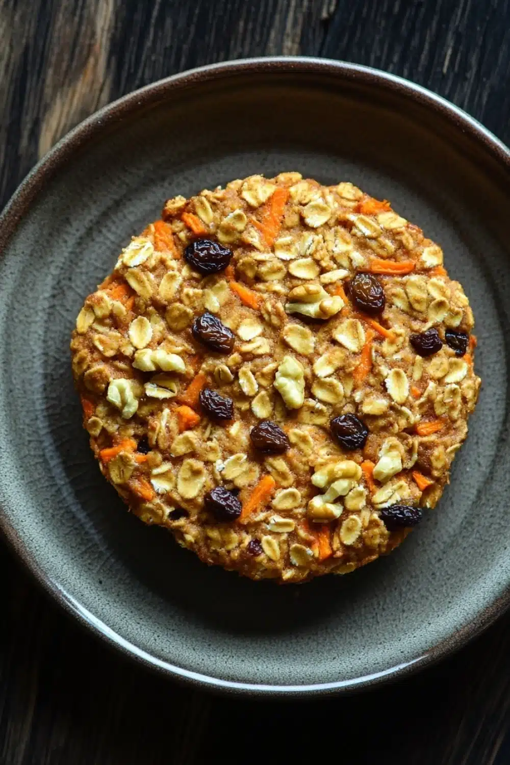 Carrot cake oatmeal bake - the image is a close-up of a round, golden-brown cookie on a dark grey plate. the cookie appears to be made with oats, nuts, and dried fruits, including carrots, raisins, and walnuts. the oats are scattered throughout the cookie, giving it a crunchy texture. the plate is sitting on a wooden table, and the background is blurred, making the cookie the focal point of the image.