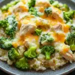 Cheesy chicken broccoli rice casserole one pot - the image shows a plate of food with a serving of rice and broccoli. the rice appears to be white and fluffy, and the broccoli is bright green. on top of the rice, there is a layer of melted cheese, which is a bright orange color. the cheese is spread evenly over the top, covering the entire dish. the plate is gray and has a speckled texture. the background is a dark grey countertop.