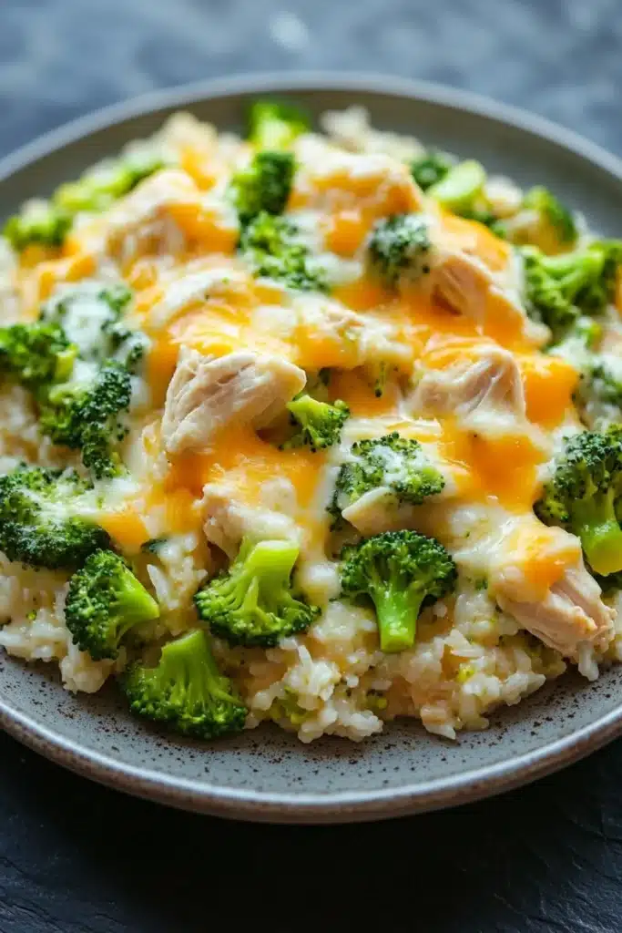 Cheesy chicken broccoli rice casserole one pot - the image shows a plate of food with a serving of rice and broccoli. the rice appears to be white and fluffy, and the broccoli is bright green. on top of the rice, there is a layer of melted cheese, which is a bright orange color. the cheese is spread evenly over the top, covering the entire dish. the plate is gray and has a speckled texture. the background is a dark grey countertop.