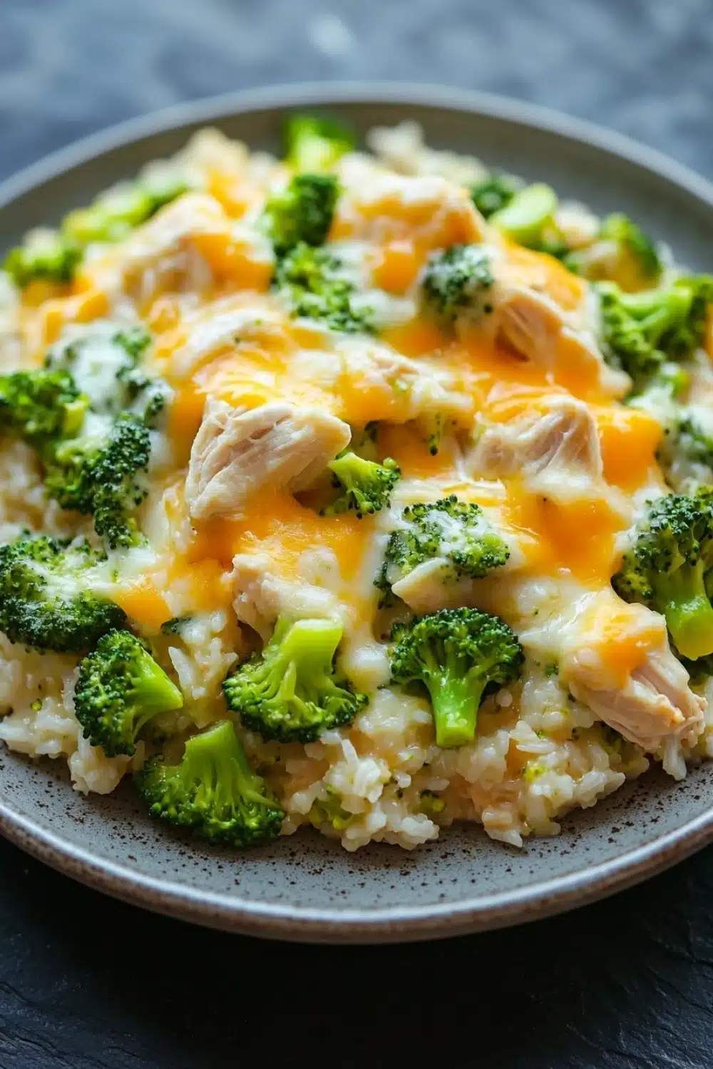 Cheesy chicken broccoli rice casserole one pot - the image shows a plate of food with a serving of rice and broccoli. the rice appears to be white and fluffy, and the broccoli is bright green. on top of the rice, there is a layer of melted cheese, which is a bright orange color. the cheese is spread evenly over the top, covering the entire dish. the plate is gray and has a speckled texture. the background is a dark grey countertop.