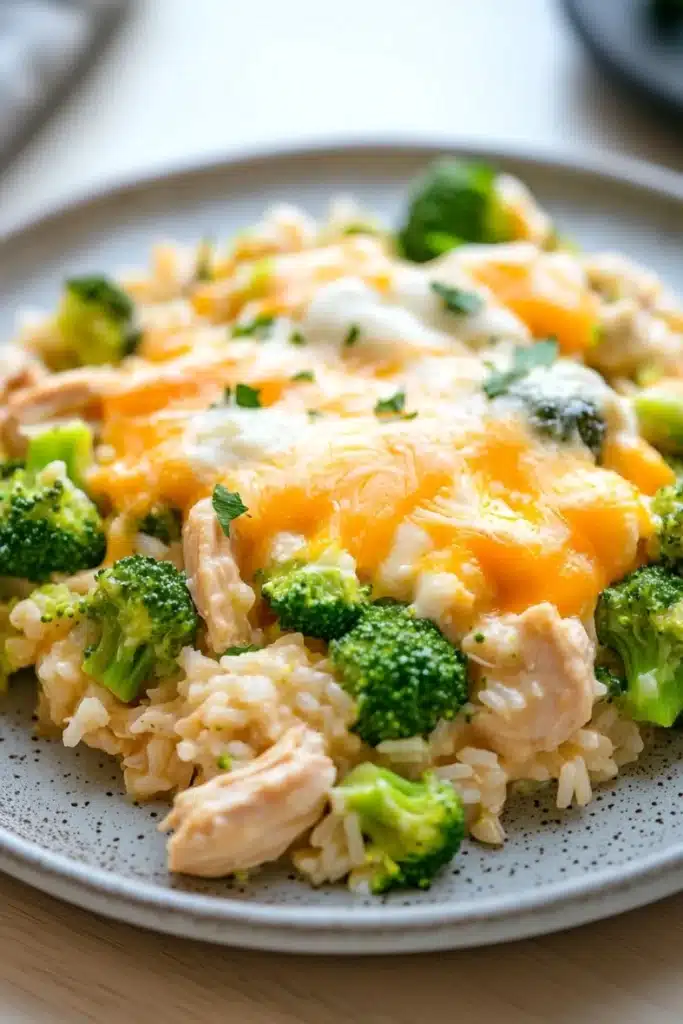 Cheesy chicken broccoli rice casserole one pot - the image shows a plate of food with a serving of rice and broccoli. the rice is white and fluffy, and the broccoli is bright green. on top of the rice, there is a layer of orange-colored cheese, which appears to be melted and bubbly. the cheese is spread evenly over the top, and there are small pieces of chicken scattered throughout the dish. the plate is gray with a speckled pattern, and it is sitting on a wooden table.