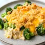 Cheesy chicken casserole - the image shows a plate of food with a casserole dish on it. the dish appears to be made with chicken and broccoli, and it is topped with a layer of melted cheese. the cheese is golden brown and bubbly, and there are small pieces of broccoli scattered around the dish. the plate is gray and has a speckled texture. the background is white, making the dish stand out.