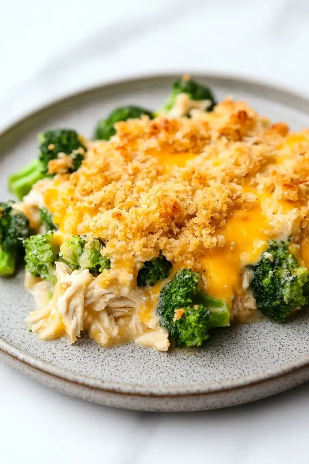 Cheesy chicken casserole - the image shows a plate of food with a casserole dish on it. the dish appears to be made with chicken and broccoli, and it is topped with a layer of melted cheese. the cheese is golden brown and bubbly, and there are small pieces of broccoli scattered around the dish. the plate is gray and has a speckled texture. the background is white, making the dish stand out.