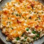 Cheesy chicken casserole - the image shows a plate of food, specifically a casserole dish. the dish appears to be made with a layer of creamy white rice, topped with chunks of chicken and green peas. the chicken is golden brown and crispy on the outside, and the cheese is melted and bubbly on top. there are also a few sprigs of parsley scattered on top of the dish, adding a pop of green color to the plate. the plate is sitting on a wooden table.