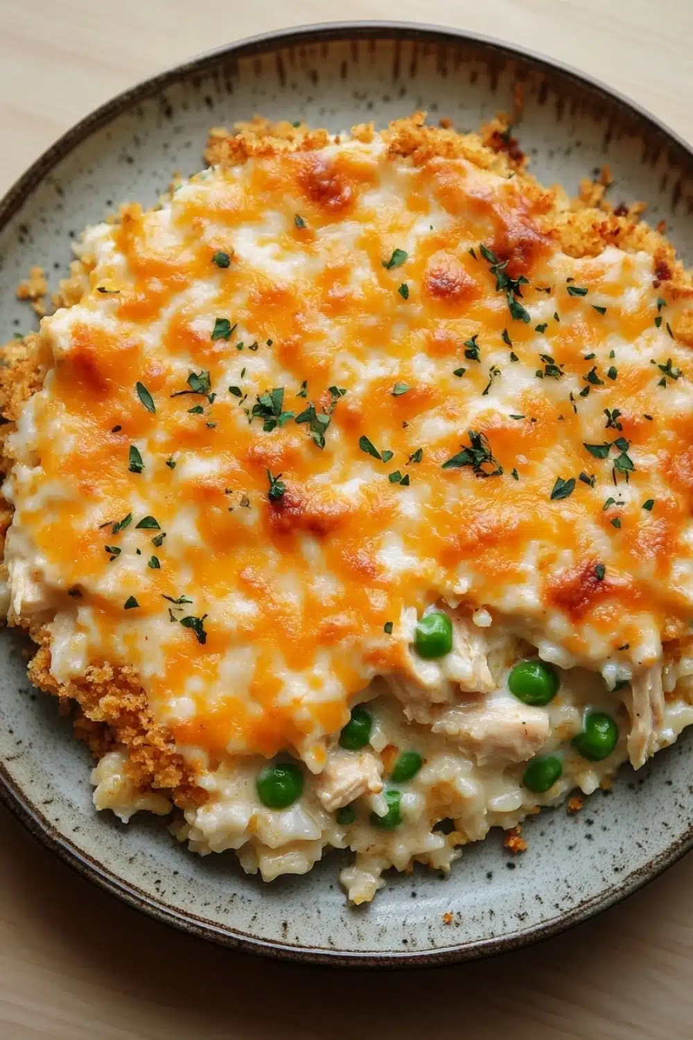 Cheesy chicken casserole - the image shows a plate of food, specifically a casserole dish. the dish appears to be made with a layer of creamy white rice, topped with chunks of chicken and green peas. the chicken is golden brown and crispy on the outside, and the cheese is melted and bubbly on top. there are also a few sprigs of parsley scattered on top of the dish, adding a pop of green color to the plate. the plate is sitting on a wooden table.