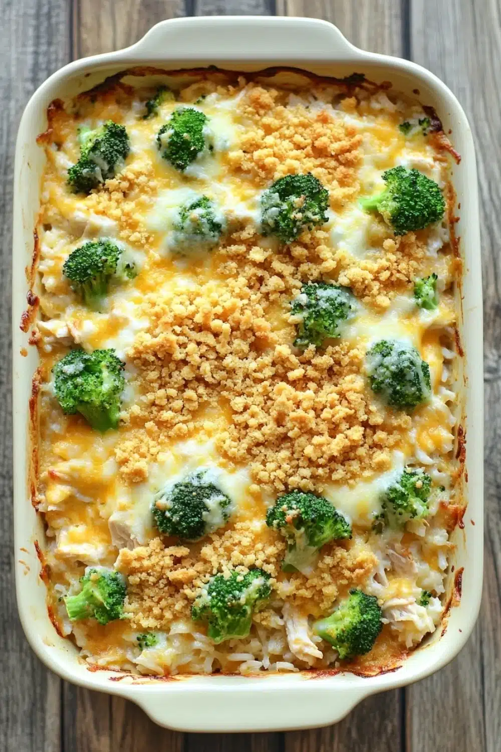 Cheesy rotisserie chicken broccoli rice casserole - the image shows a white rectangular baking dish filled with a casserole dish. the dish appears to be made with broccoli, cheese, and crumbled breadcrumbs. the broccoli is cut into small pieces and is arranged in a circular pattern on top of the cheese. the cheese is melted and bubbly, and there are small chunks of broccoli scattered throughout the dish. there are also some crumbs on top, indicating that the dish has been baked. the baking dish is sitting on a wooden table.
