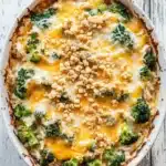 Cheesy rotisserie chicken broccoli rice casserole - the image is of a casserole dish filled with a baked dish. the dish appears to be a shepherd's pie, with a golden brown crust on top and a layer of melted cheese on top. the cheese is melted and bubbly, and there are small pieces of broccoli scattered throughout the dish. there are also some crumbled breadcrumbs scattered throughout, adding a crunchy texture to the top of the dish, making it look even more appetizing. the casserolle is white and is sitting on a white wooden table.
