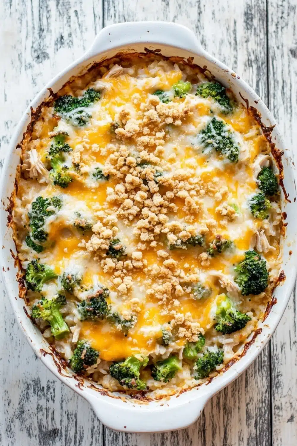 Cheesy rotisserie chicken broccoli rice casserole - the image is of a casserole dish filled with a baked dish. the dish appears to be a shepherd's pie, with a golden brown crust on top and a layer of melted cheese on top. the cheese is melted and bubbly, and there are small pieces of broccoli scattered throughout the dish. there are also some crumbled breadcrumbs scattered throughout, adding a crunchy texture to the top of the dish, making it look even more appetizing. the casserolle is white and is sitting on a white wooden table.