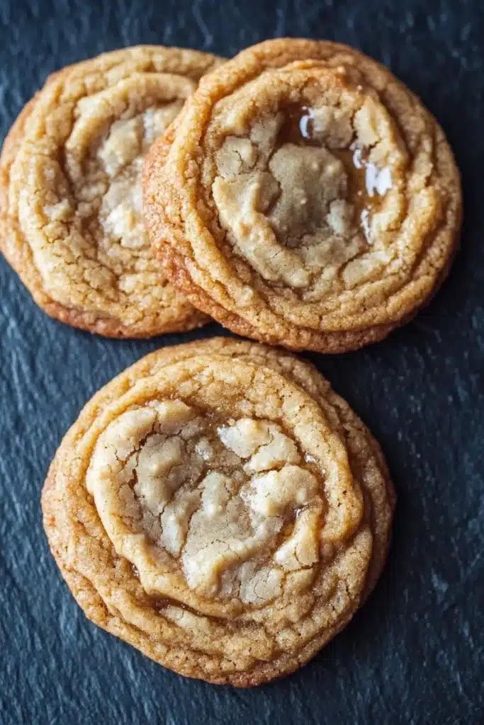 Chewy honey cookie - the image shows three freshly baked cookies on a black slate surface. the cookies are round and golden brown in color, with a crumbly texture on top. they are arranged in a triangular formation, with the largest cookie in the center and two smaller cookies on either side. all three cookies have a swirl pattern on top, with some of the cookies overlapping each other. the background is blurred, making the cookies the focal point of the image.