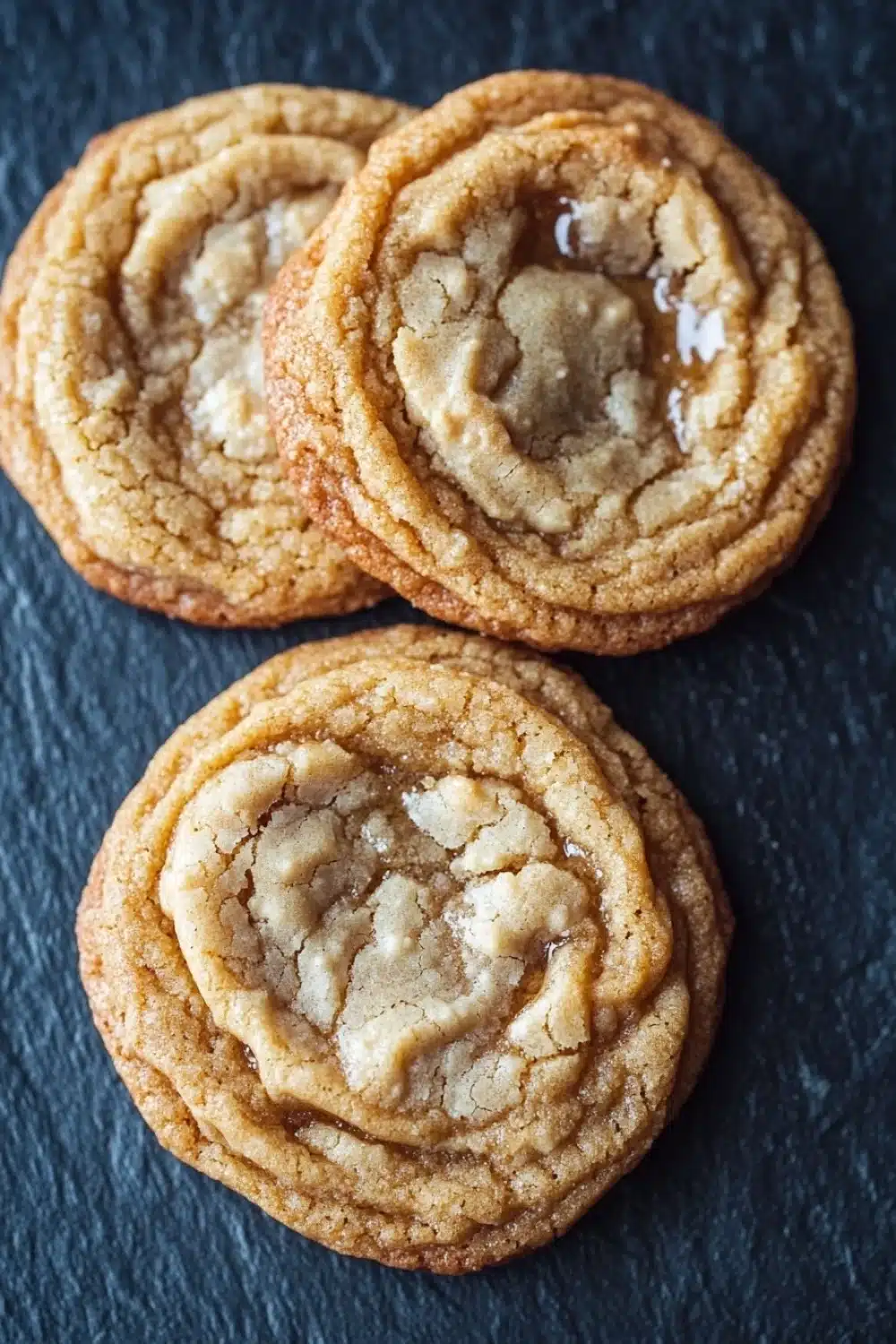 Chewy honey cookie - the image shows three freshly baked cookies on a black slate surface. the cookies are round and golden brown in color, with a crumbly texture on top. they are arranged in a triangular formation, with the largest cookie in the center and two smaller cookies on either side. all three cookies have a swirl pattern on top, with some of the cookies overlapping each other. the background is blurred, making the cookies the focal point of the image.