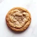 Chewy honey cookie - the image is a close-up of a round cookie on a white marble surface. the cookie appears to be freshly baked and has a golden brown color. it has a crumbly texture on top, with small pieces of nuts scattered throughout. the nuts are arranged in a circular pattern, with some overlapping each other. the background is plain white, making the cookie the focal point of the image.