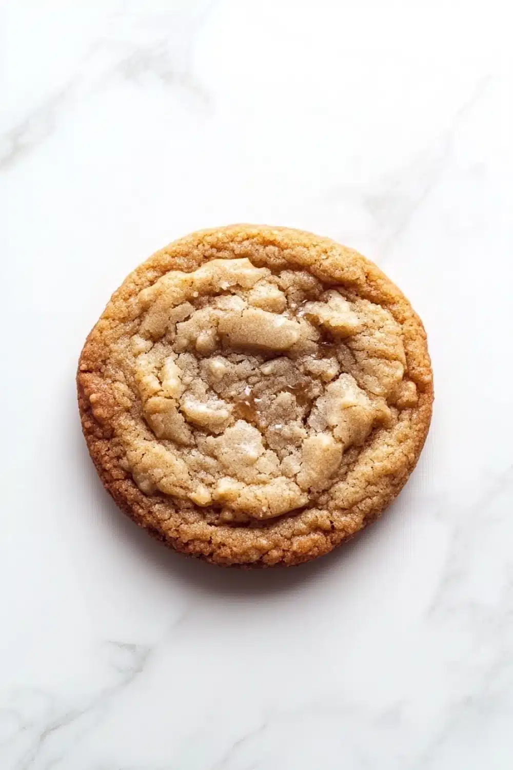 Chewy honey cookie - the image is a close-up of a round cookie on a white marble surface. the cookie appears to be freshly baked and has a golden brown color. it has a crumbly texture on top, with small pieces of nuts scattered throughout. the nuts are arranged in a circular pattern, with some overlapping each other. the background is plain white, making the cookie the focal point of the image.