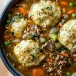 Chicken and beef dumplings crockpot freezer meal - the image is a close-up of a bowl of soup. the soup appears to be a vegetable soup with chunks of meat and vegetables mixed in. there are three dumplings on top of the soup, which are golden brown and appear to be dumpling-shaped. the dish is garnished with chopped herbs and green onions. the bowl is black and is sitting on a wooden table. the background is blurred, so the focus is on the soup.