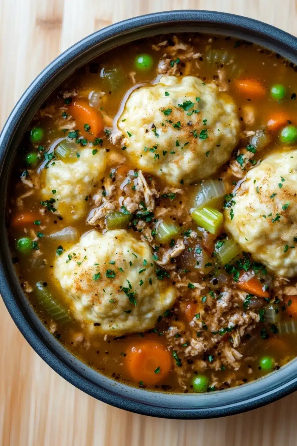 Chicken and beef dumplings crockpot freezer meal - the image is a close-up of a bowl of soup. the soup appears to be a vegetable soup with chunks of meat and vegetables mixed in. there are three dumplings on top of the soup, which are golden brown and appear to be dumpling-shaped. the dish is garnished with chopped herbs and green onions. the bowl is black and is sitting on a wooden table. the background is blurred, so the focus is on the soup.