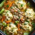 Chicken and beef dumplings crockpot freezer meal - the image is a close-up of a bowl of soup. the soup appears to be a type of noodle soup with chunks of meat and vegetables mixed in. the broth is a light yellow color and is thick and creamy. there are also chunks of carrots, celery, and onions scattered throughout the soup. on top of the soup, there is a sprinkle of chopped parsley. the bowl is made of dark brown ceramic and is sitting on a black countertop.