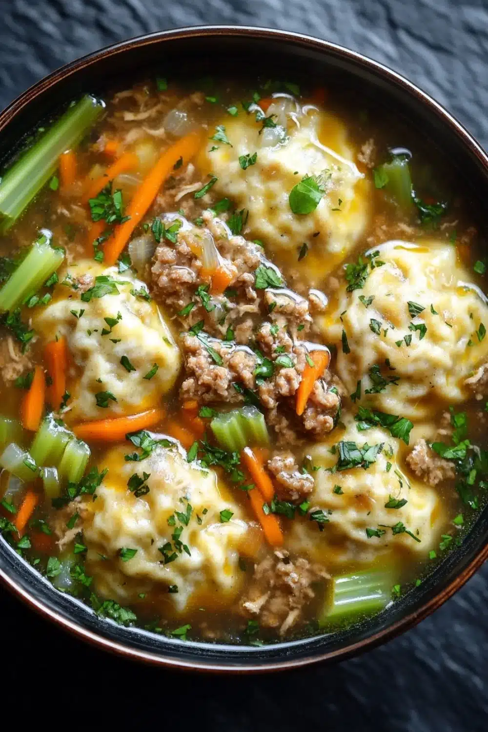 Chicken and beef dumplings crockpot freezer meal - the image is a close-up of a bowl of soup. the soup appears to be a type of noodle soup with chunks of meat and vegetables mixed in. the broth is a light yellow color and is thick and creamy. there are also chunks of carrots, celery, and onions scattered throughout the soup. on top of the soup, there is a sprinkle of chopped parsley. the bowl is made of dark brown ceramic and is sitting on a black countertop.