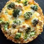 Chicken and broccoli casserole - the image is a close-up of a round pizza on a black plate. the pizza appears to be made with a golden-brown crust and is topped with melted cheese and broccoli. the cheese is melted and bubbly, and there are small pieces of broccoli scattered throughout the pizza. the broccoli is bright green and looks fresh and healthy. the plate is sitting on a textured surface, possibly a table or countertop.