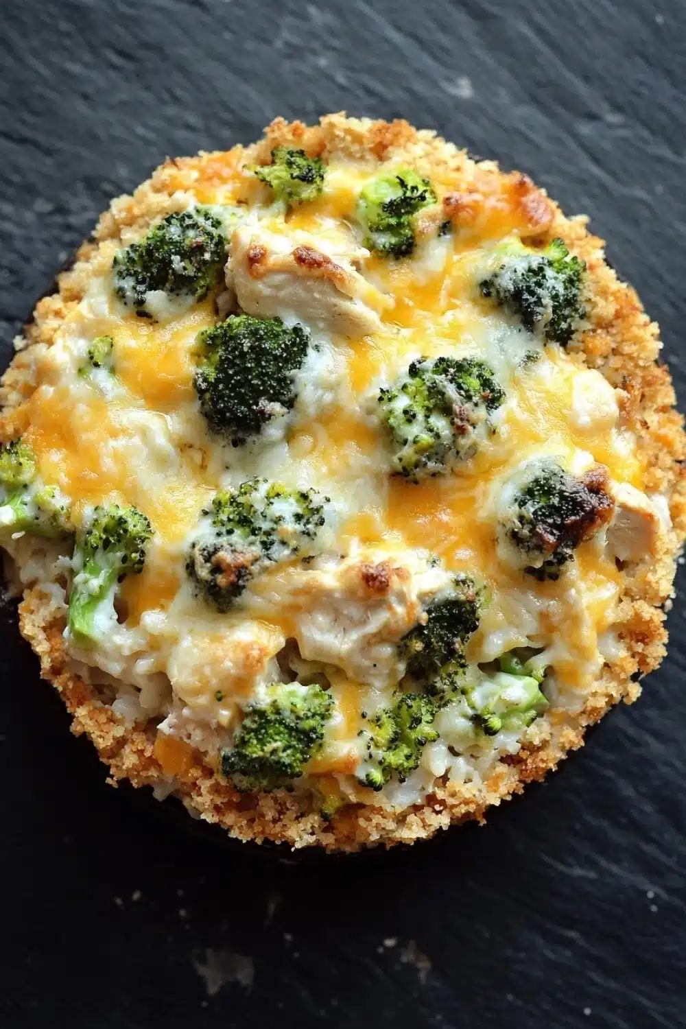 Chicken and broccoli casserole - the image is a close-up of a round pizza on a black plate. the pizza appears to be made with a golden-brown crust and is topped with melted cheese and broccoli. the cheese is melted and bubbly, and there are small pieces of broccoli scattered throughout the pizza. the broccoli is bright green and looks fresh and healthy. the plate is sitting on a textured surface, possibly a table or countertop.
