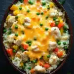 Chicken and rice with veggies casserole oven - the image is a close-up of a dish in a wooden bowl. the dish appears to be a macaroni and cheese casserole, with chunks of chicken, peas, carrots, and other vegetables mixed in. the cheese is melted and bubbly, and there are a few sprigs of parsley scattered around the bowl, adding a pop of green color to the dish. the background is dark, making the dish stand out.