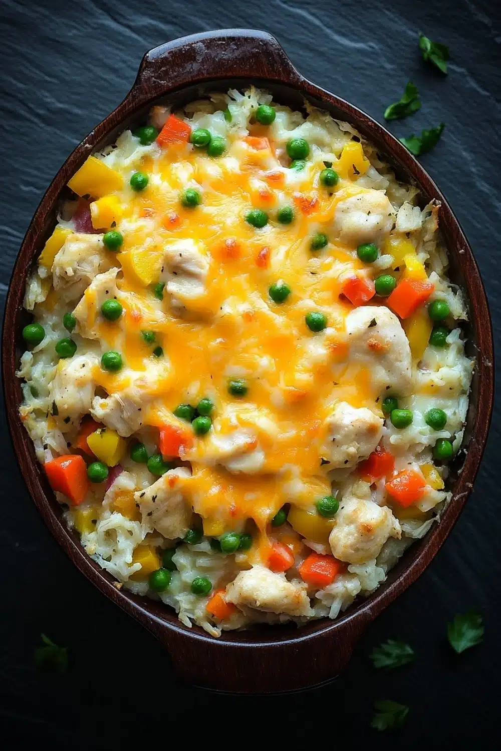 Chicken and rice with veggies casserole oven - the image is a close-up of a dish in a wooden bowl. the dish appears to be a macaroni and cheese casserole, with chunks of chicken, peas, carrots, and other vegetables mixed in. the cheese is melted and bubbly, and there are a few sprigs of parsley scattered around the bowl, adding a pop of green color to the dish. the background is dark, making the dish stand out.