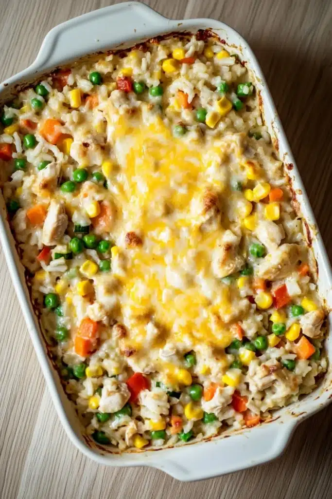 Chicken and rice with veggies casserole oven - the image shows a white rectangular baking dish filled with a casserole dish. the dish appears to be made with rice, vegetables, and chicken, and is topped with melted cheese. the rice is white and fluffy, and the vegetables include carrots, peas, and corn. the cheese is melted and bubbly, and it looks like it has been cooked until it is golden brown. the baking dish is sitting on a wooden table.