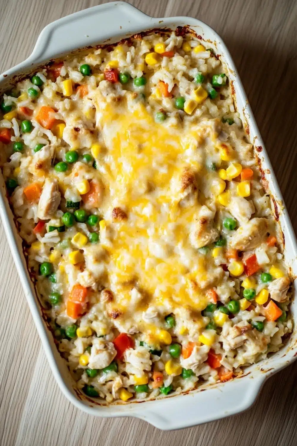 Chicken and rice with veggies casserole oven - the image shows a white rectangular baking dish filled with a casserole dish. the dish appears to be made with rice, vegetables, and chicken, and is topped with melted cheese. the rice is white and fluffy, and the vegetables include carrots, peas, and corn. the cheese is melted and bubbly, and it looks like it has been cooked until it is golden brown. the baking dish is sitting on a wooden table.
